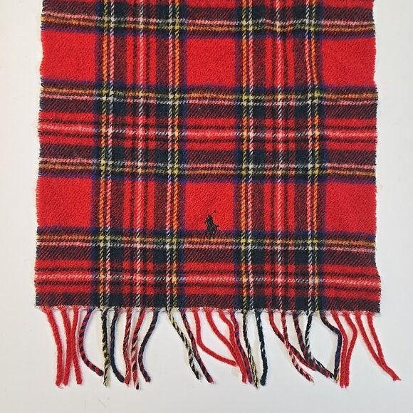 VTG Polo Ralph Lauren 100% Lambswool Scarf Red Tartan Plaid Scotland Pony Fringe - Picture 1 of 3